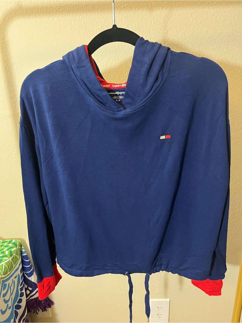 Tommy Hilfiger Navy Hoodie Sweater with Red Cuff Accents